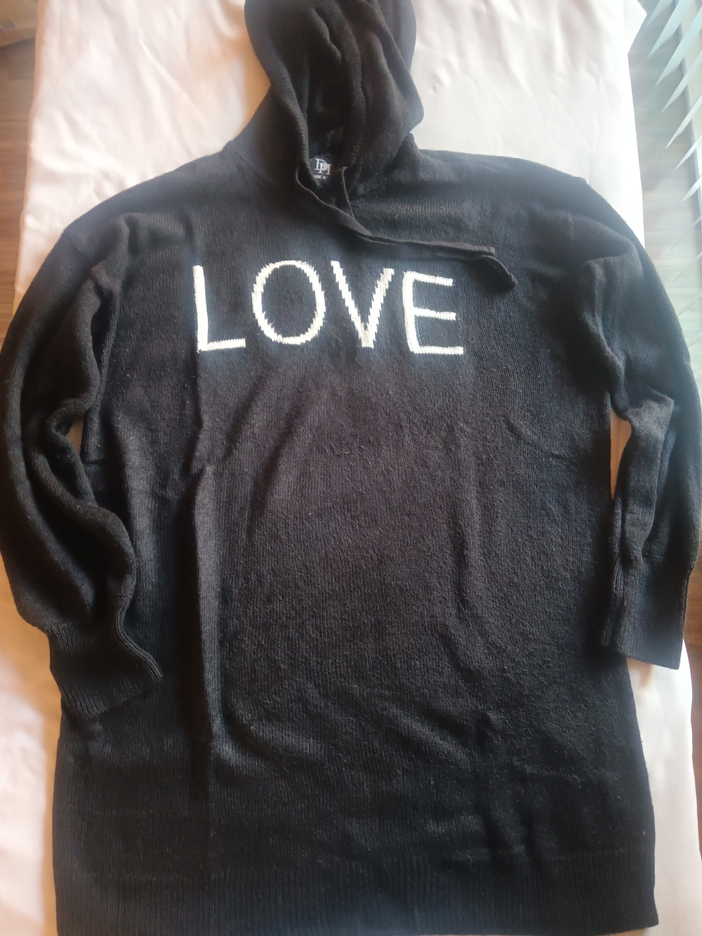 Derek Heart Black Crewneck Hoodie Sweater with White LOVE Knit